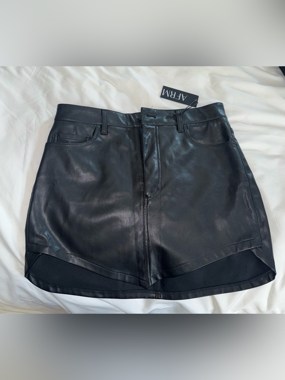 AFRM Serafina Black Faux Leather Tulip Hem Mini Skirt Size 27 NWT